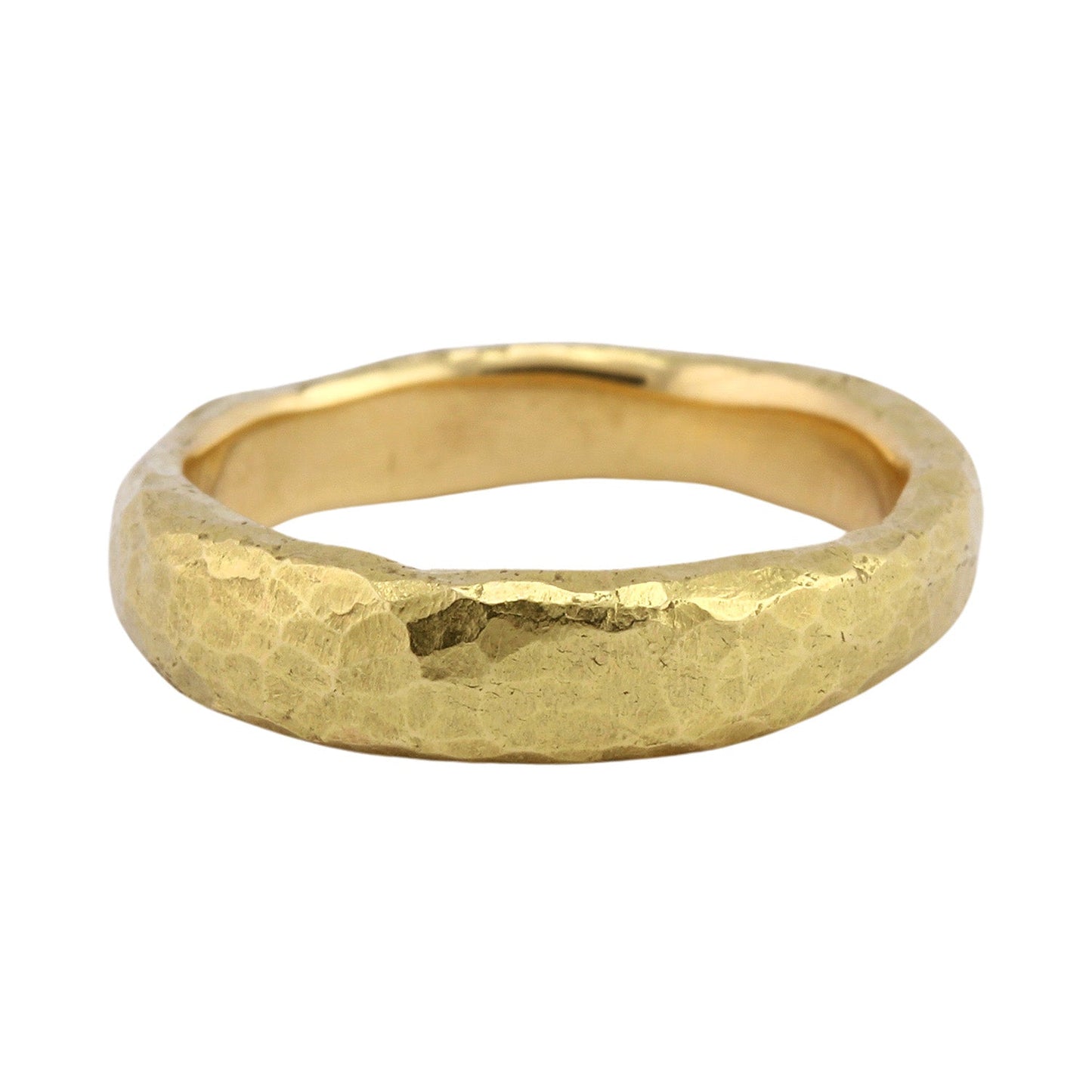 Front-facing view of narrow hammered band in 18k yellow gold by Betsy Barron