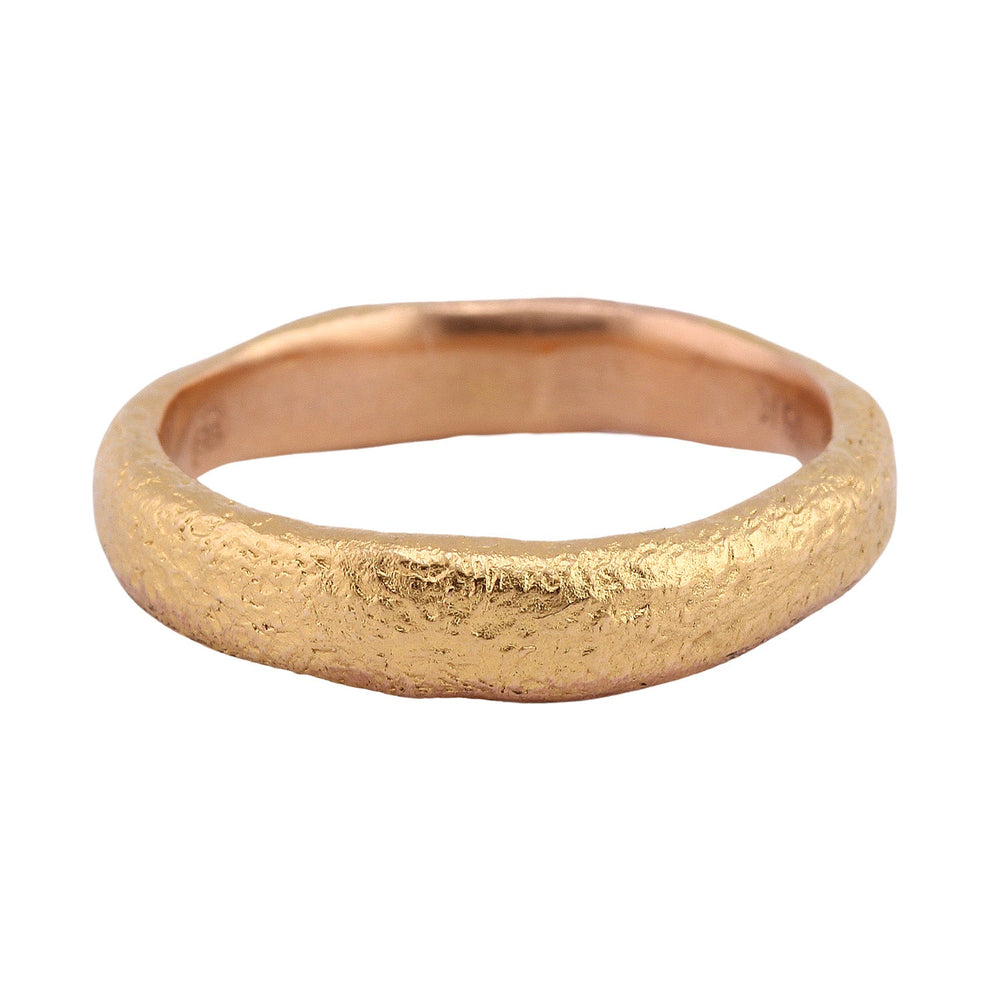 
                      
                        Front-facing view of narrow molten band in 18k rose gold by Betsy Barron Jewellery
                      
                    