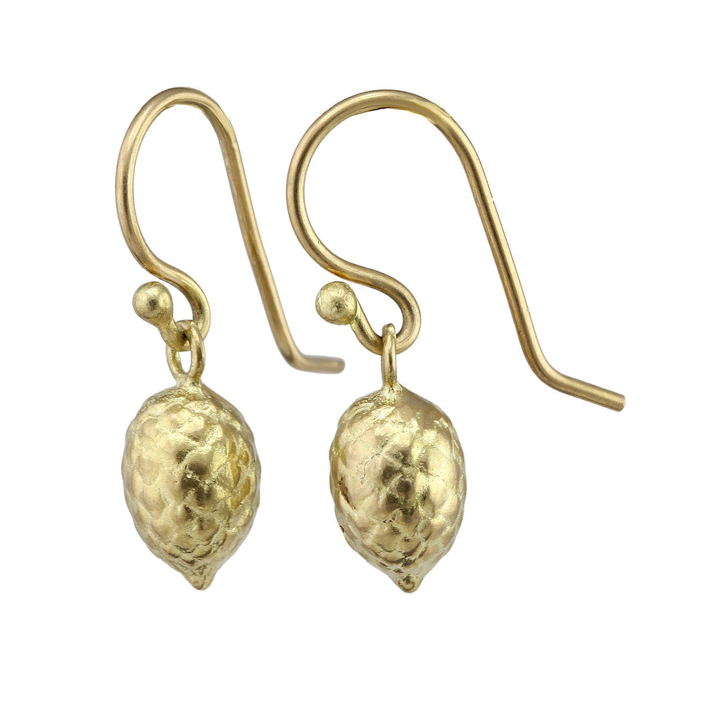 
                      
                        Angled view of Pine Cone Drop Earrings in 18k yellow gold by Betsy Barron Jewellery
                      
                    