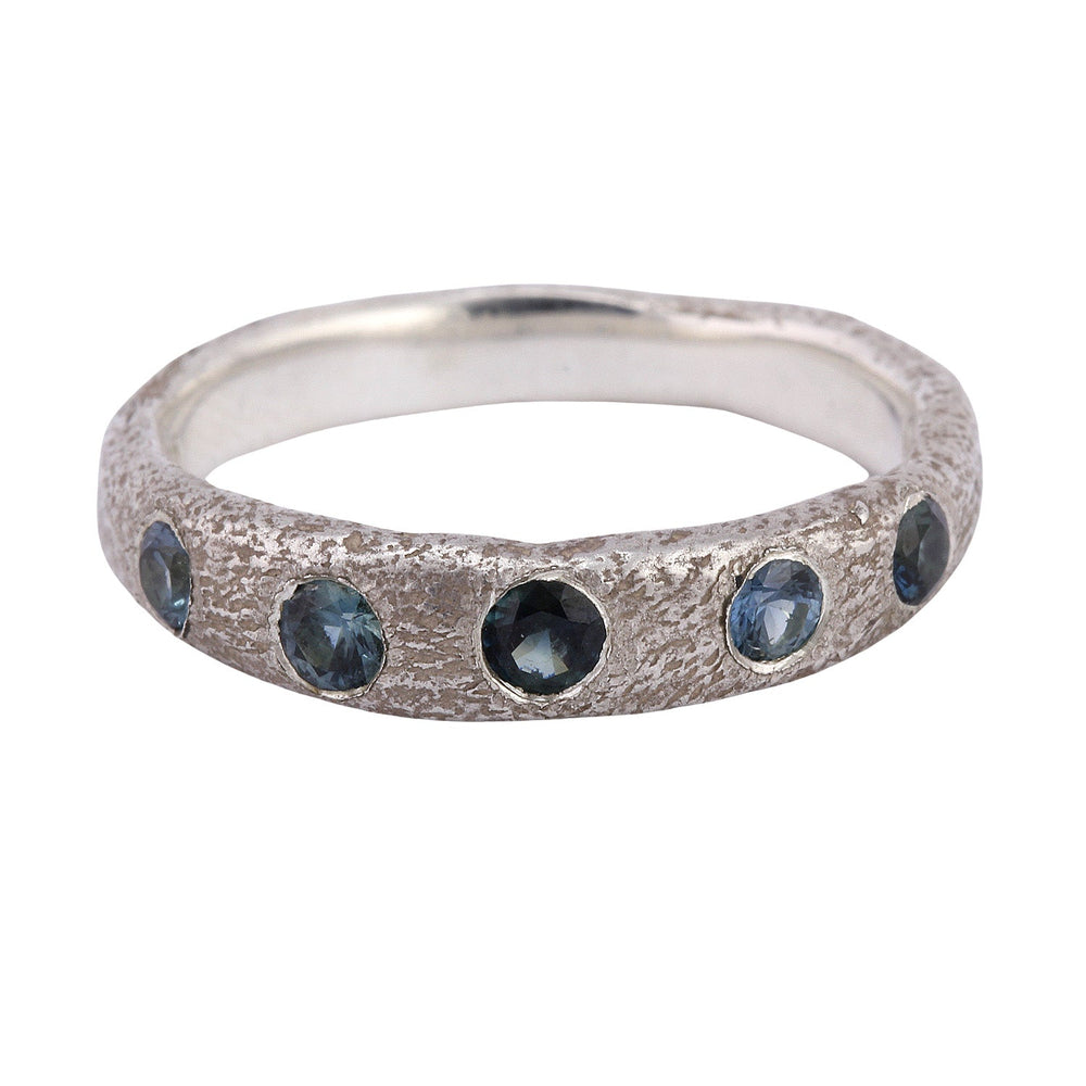 
                      
                        Front-facing view of narrow molten band in Sterling Silver w/ 5 Blue Sapphires, by Betsy Barron Jewellery
                      
                    