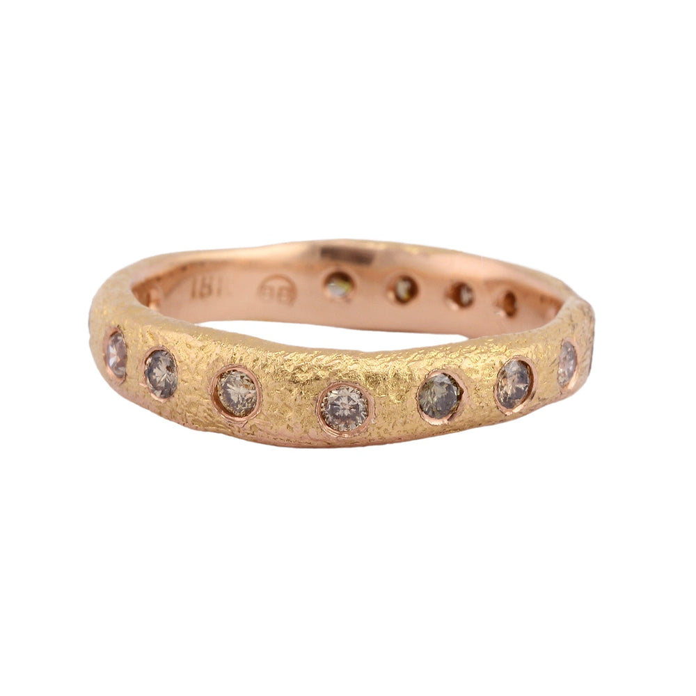 
                      
                        Front-facing view of narrow molten band in 18k Rose Gold w/ 15 Champagne Diamonds, by Betsy Barron Jewellery
                      
                    