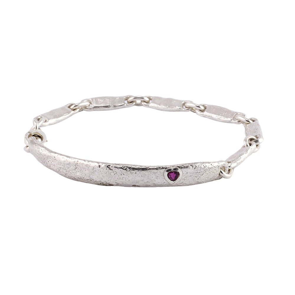 
                      
                        Front-facing view of Molten ID Link Bracelet with Garnet Heart by Betsy Barron Jewellery
                      
                    