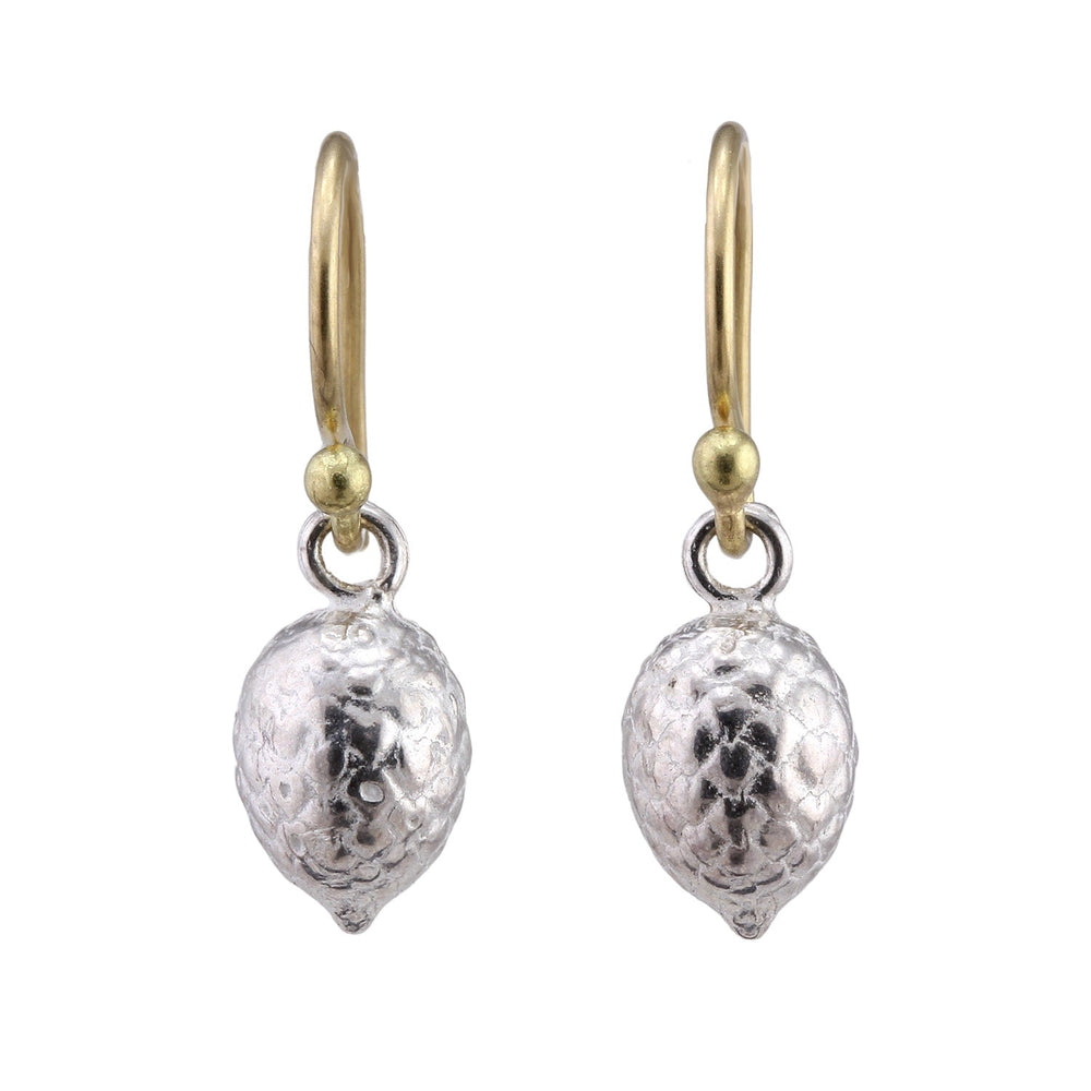 
                      
                        Angled view of Pine Cone Drop Earrings in sterling silver by Betsy Barron Jewellery
                      
                    