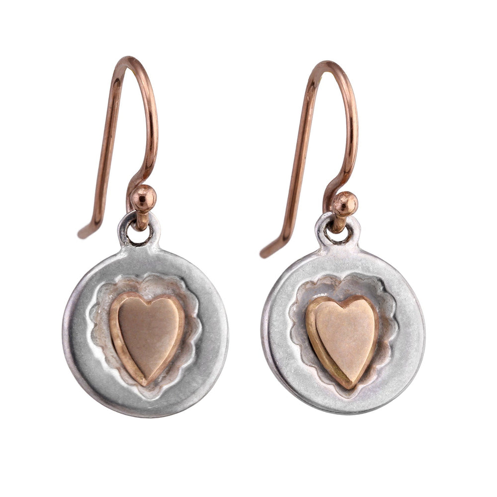 Front-facing view of Cookie Cutter Heart Earrings in sterling silver with 14k Rose Gold, by Betsy Barron