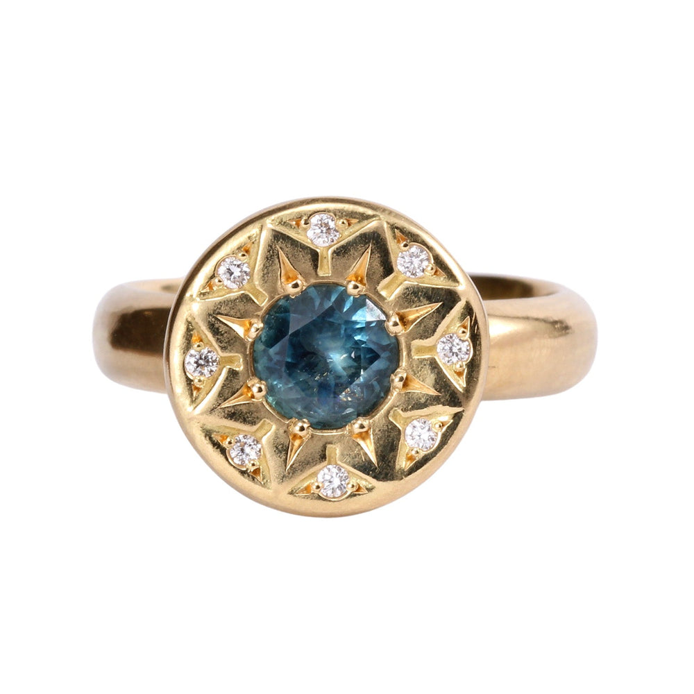 
                      
                        Front-facing view of Ancient Flower ring with Montana Sapphire and diamonds by Betsy Barron
                      
                    