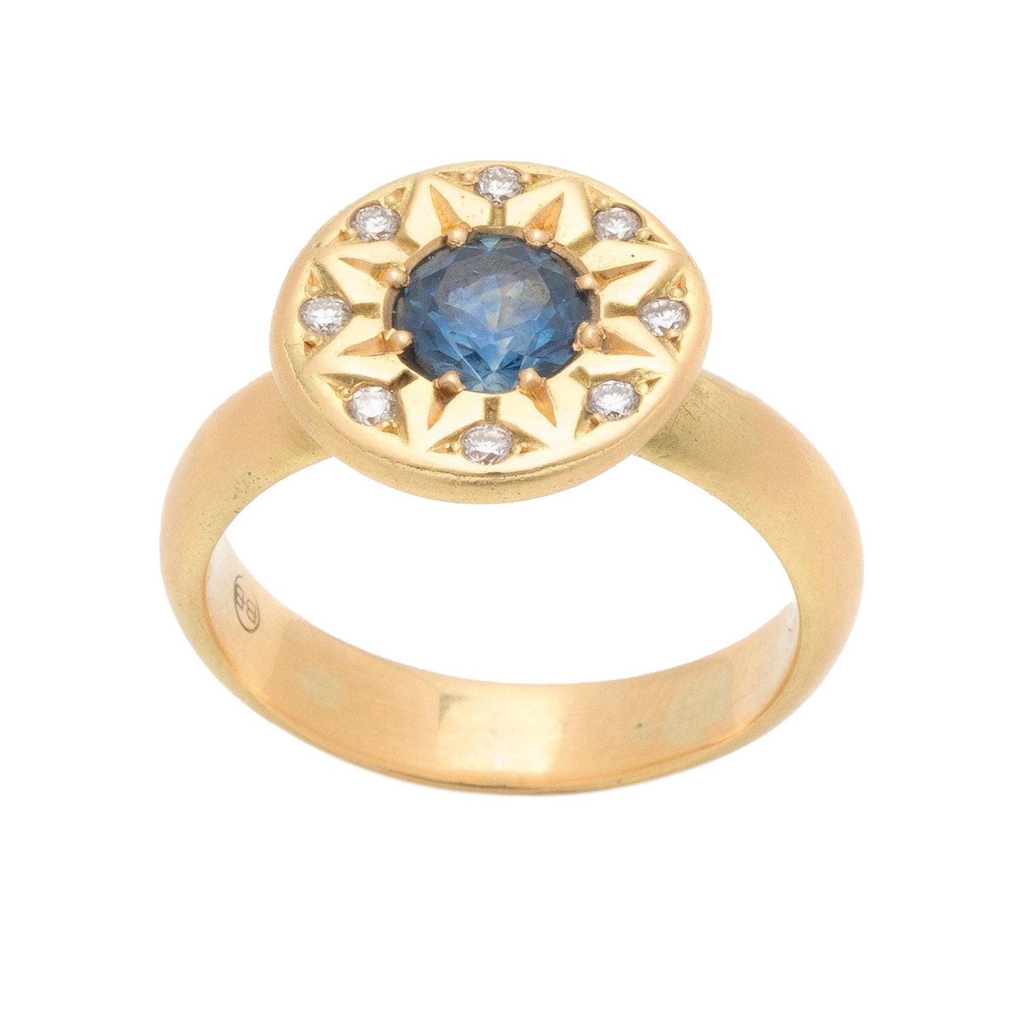 Ancient Flower Ring by Betsy Barronin 18k yellow gold with sapphire and diamonds