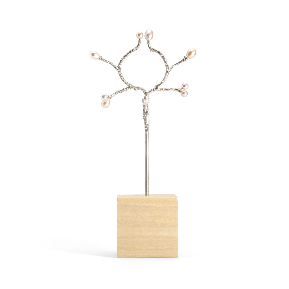 
            
                Load image into Gallery viewer, Silver double hair stick w/pink pearl plums, shown on wood block display
            
        