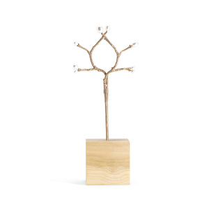 
            
                Load image into Gallery viewer, Bronze double hair stick with white pearl buds, shown in wood block display
            
        