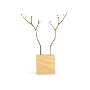 
            
                Load image into Gallery viewer, Bronze paired hairsticks w/white pearl buds, shown in wood block display
            
        