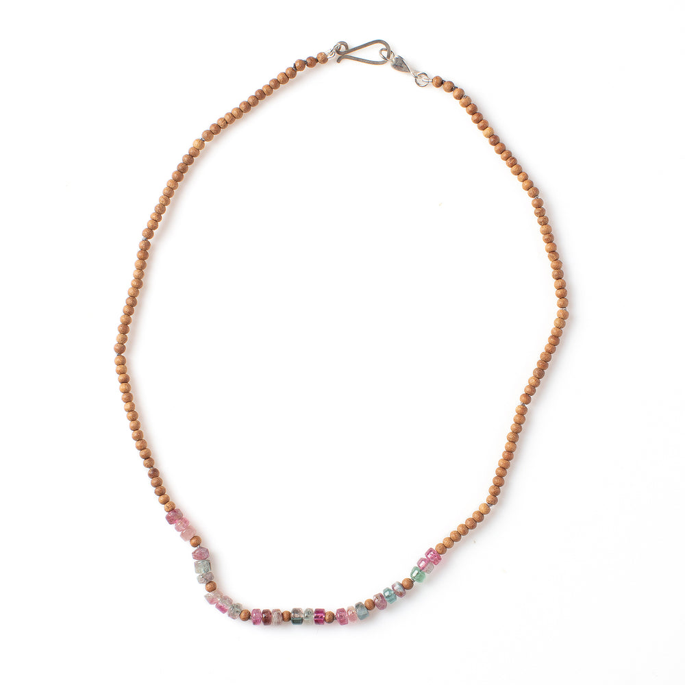 Top-down view of Vacation Necklace with Rainbow tourmaline heishi beads